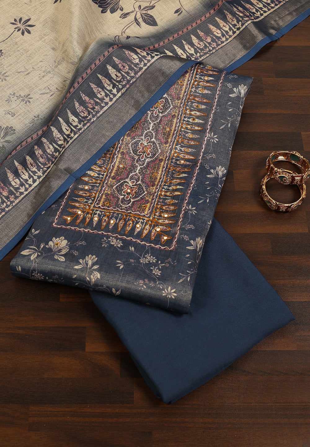 Printed Linen Cotton Unstitched Suit With Thread Work