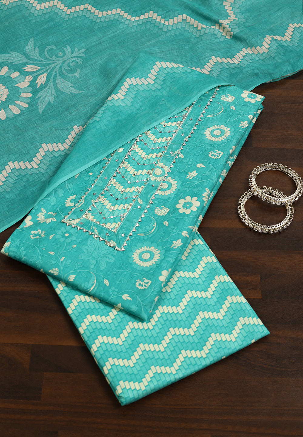 Floral Print Cotton Unstitched Suit with Gota Patti & Sequin Work