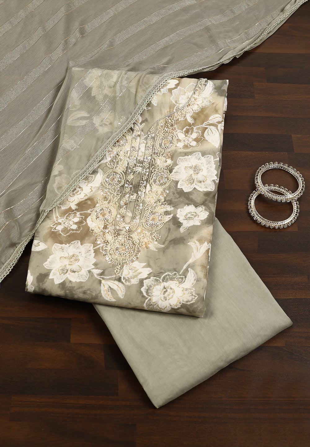 Cotton Unstitched Suit with Zarkan, Pearl & Sequin Work