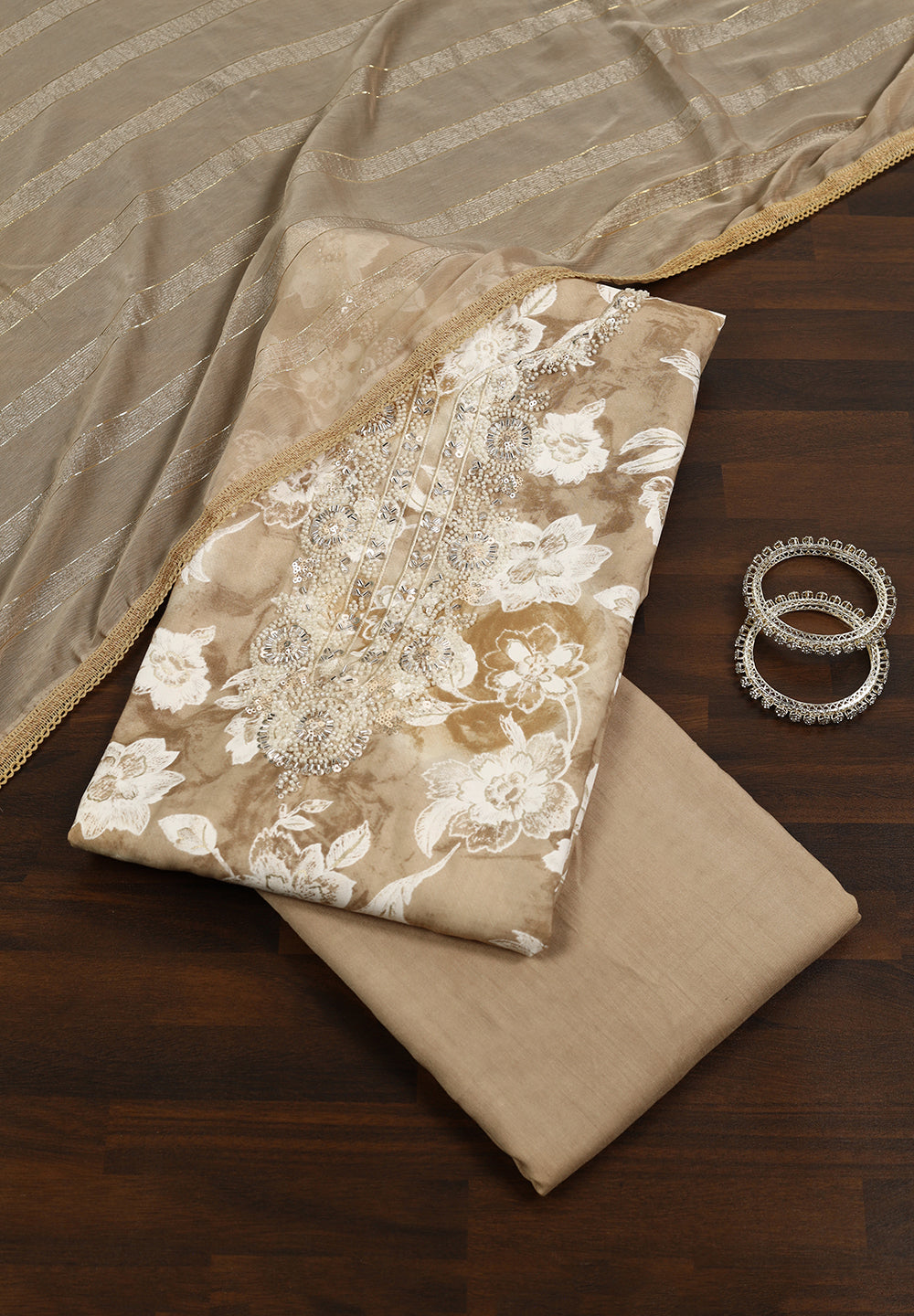 Cotton Unstitched Suit with Zarkan, Pearl & Sequin Work