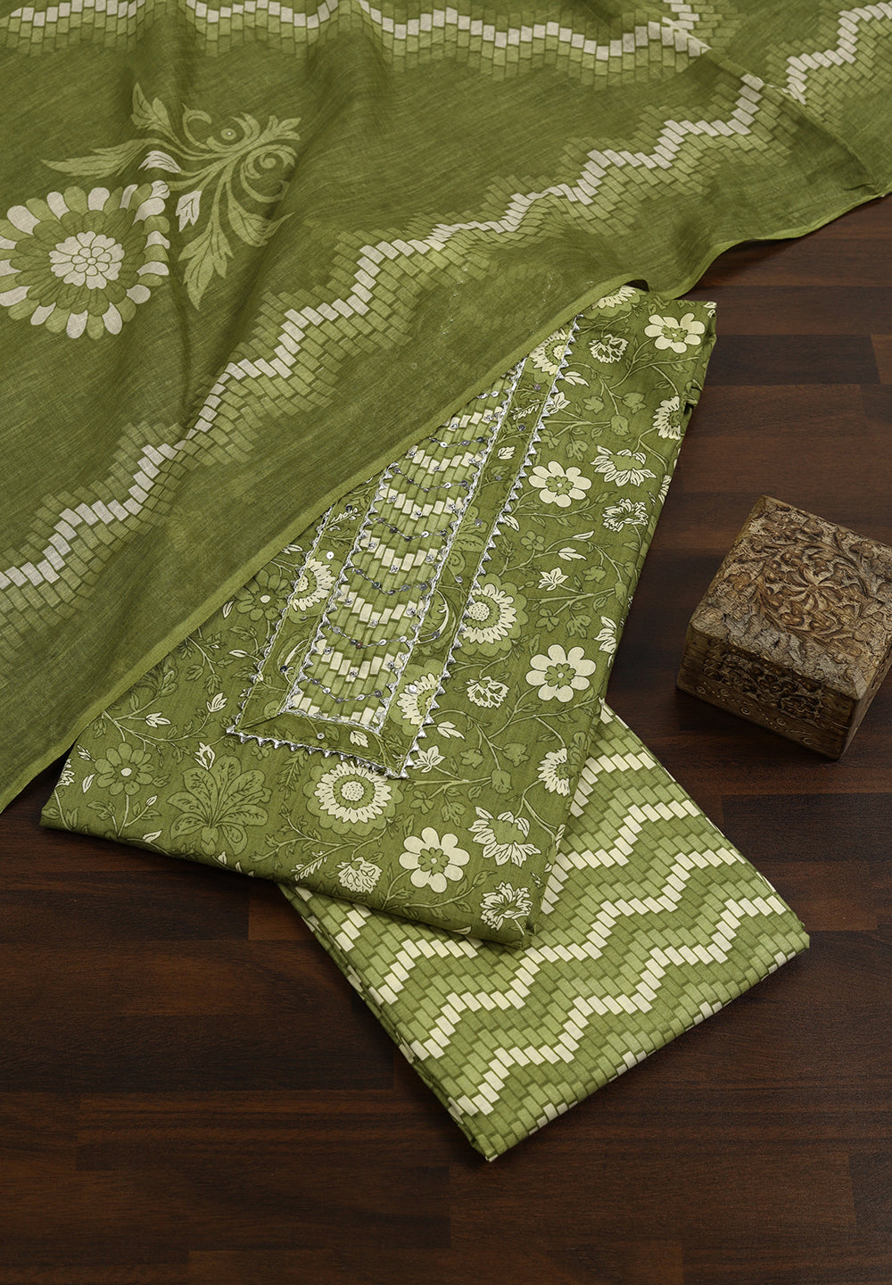 Floral Print Cotton Unstitched Suit with Gota Patti & Sequin Work