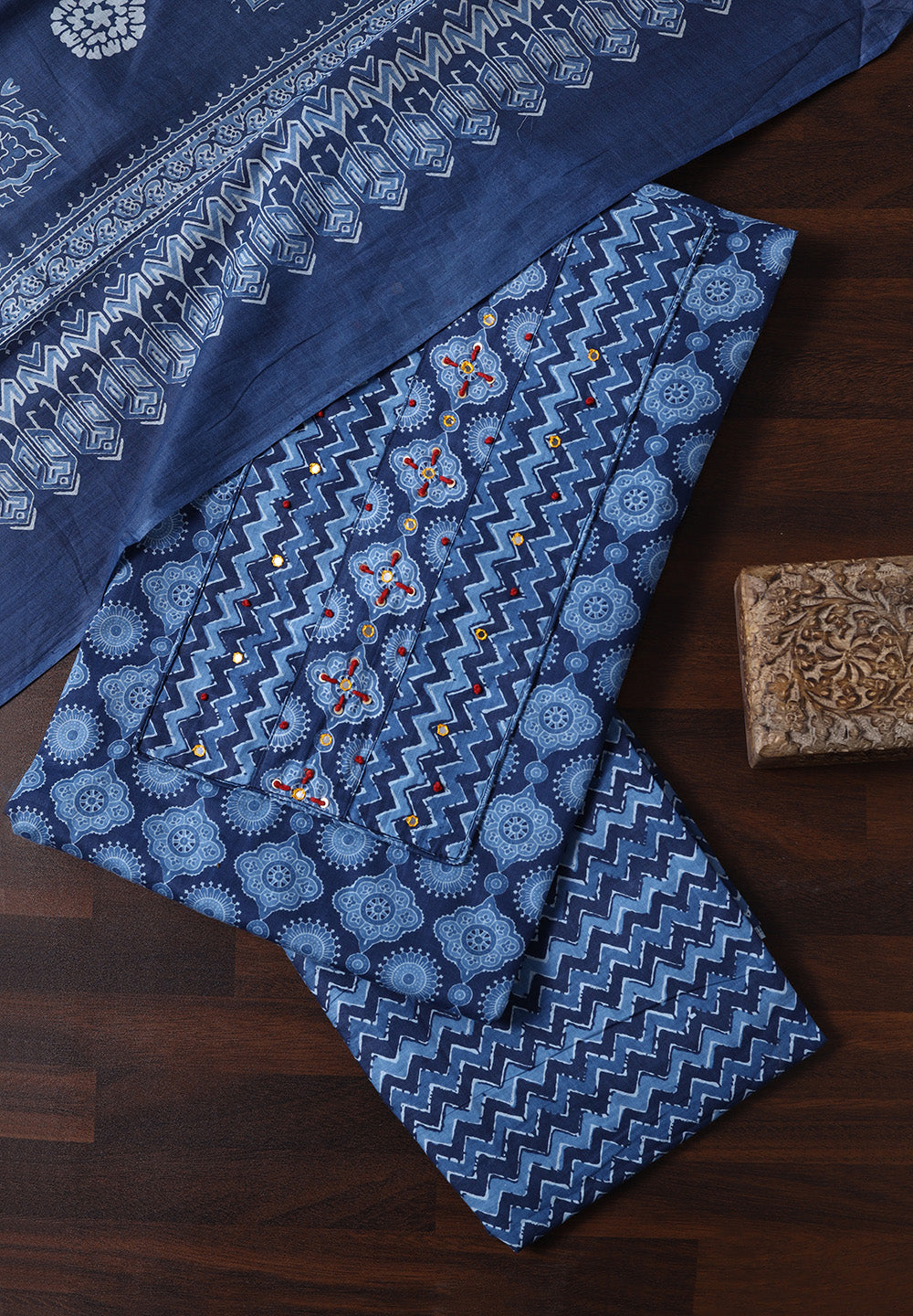 Blue Cotton Unstitched Suit with Note & Zigzag Prints