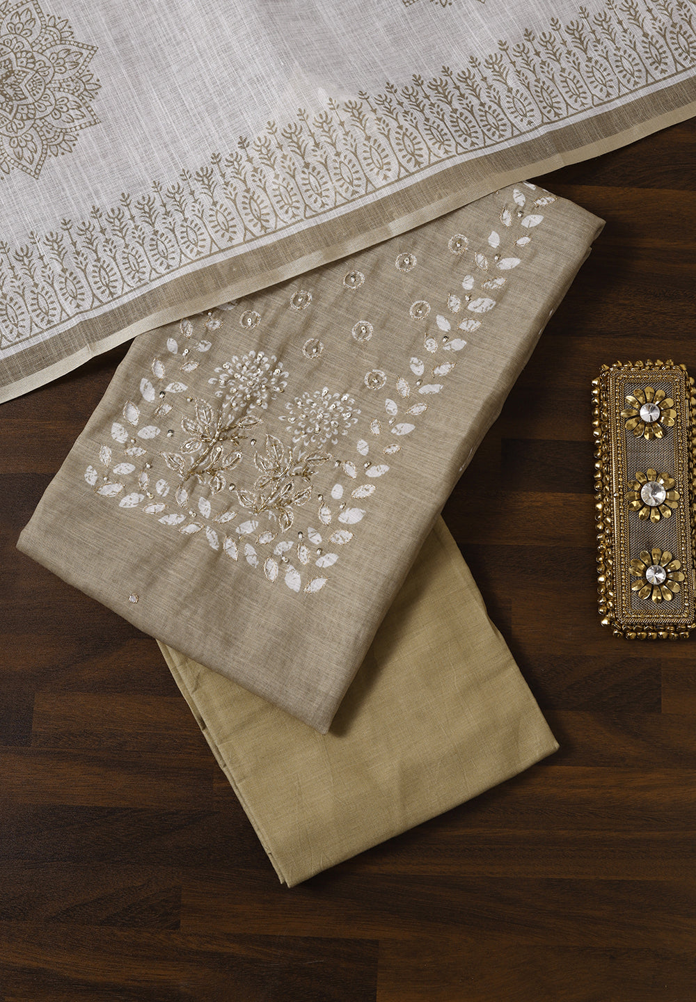 Printed Cotton Unstitched Suit with Zircon & Pearls Embroidery