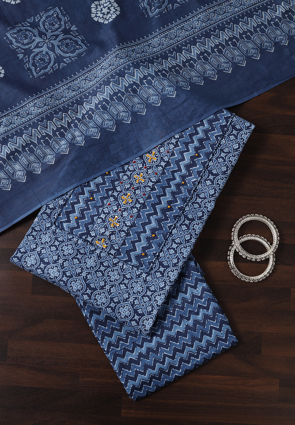 Blue Cotton Unstitched Suit with Note & Zigzag Prints