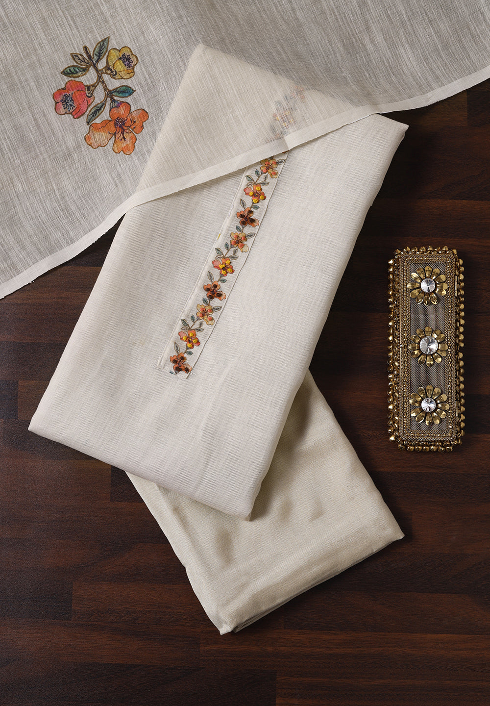 Linen Unstitched Suit With Note Work