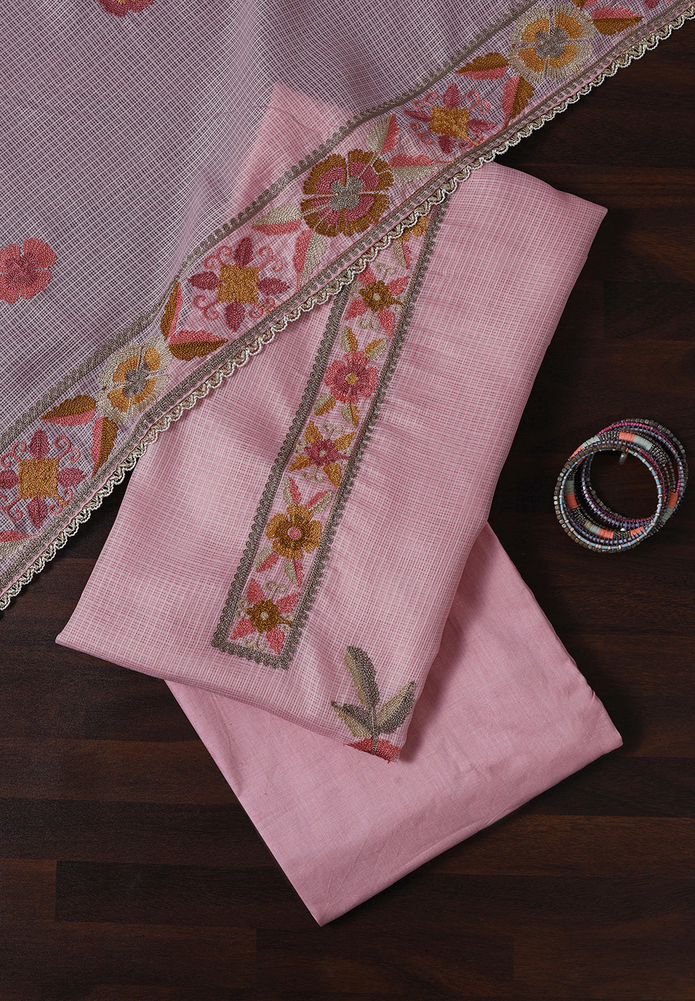 Lightweight Supernet Unstitched Suit with Floral Embroidery