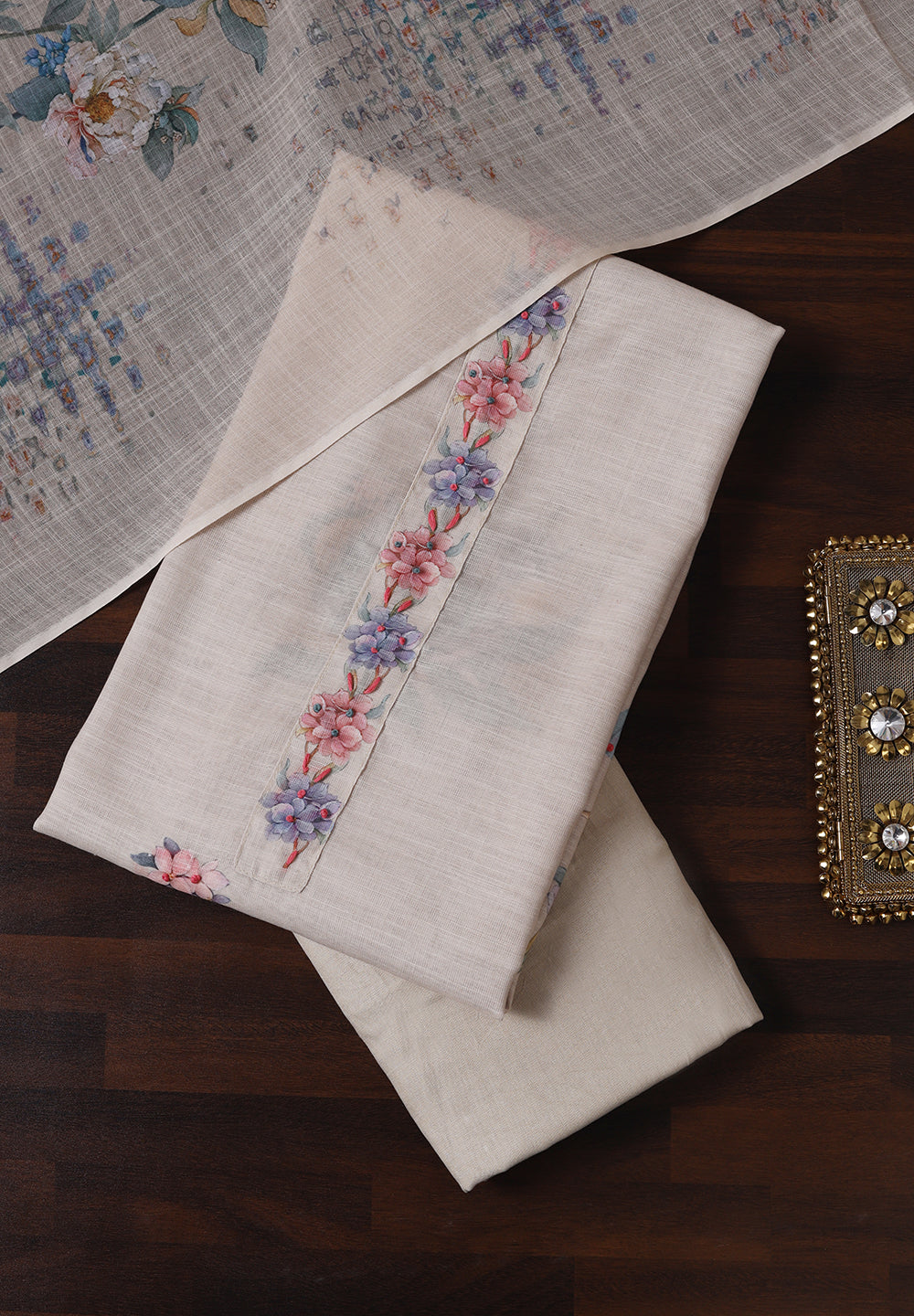 Linen Unstitched Suit With Note Work