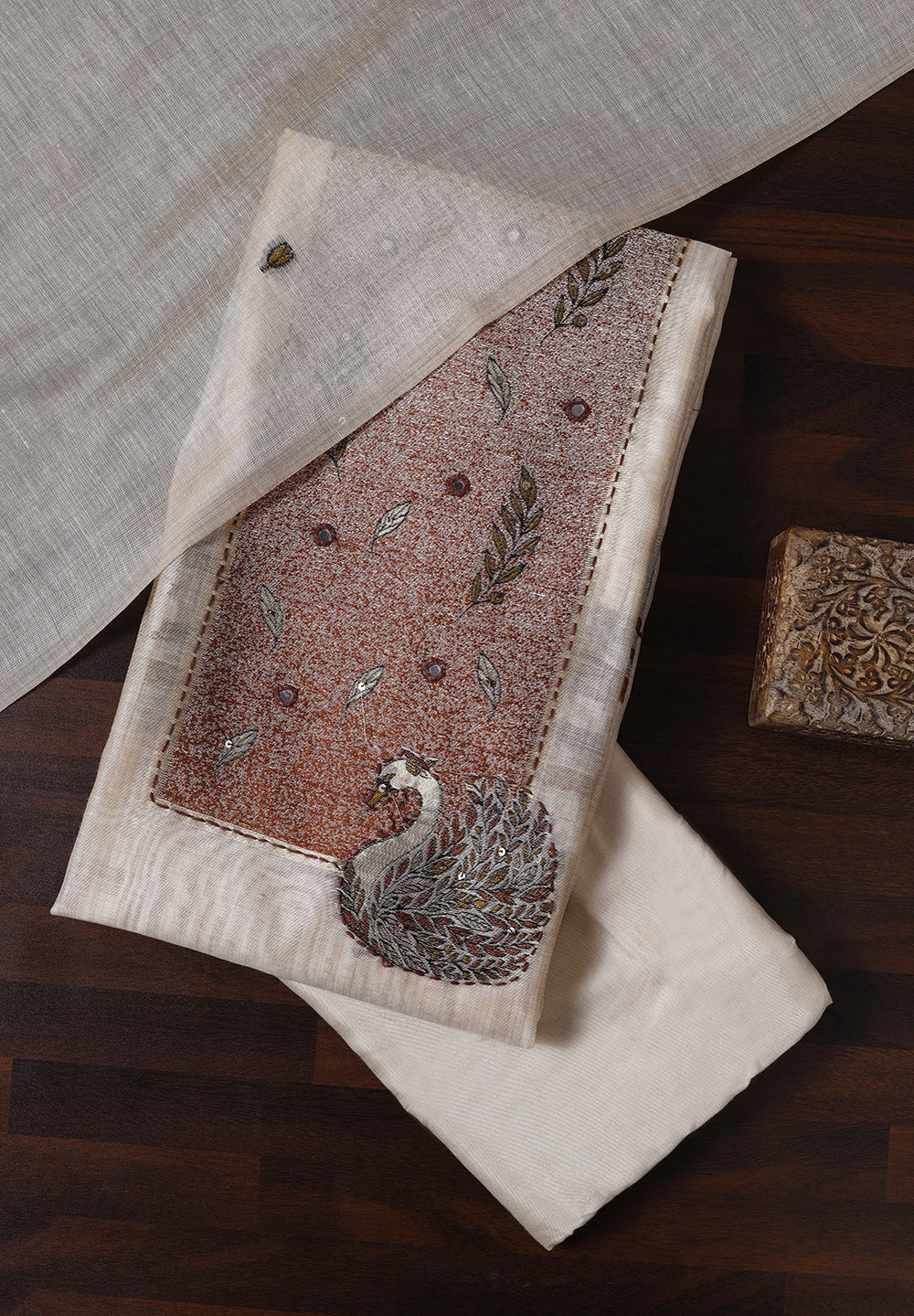 Linen Unstitched Suit With Resham Thread Work