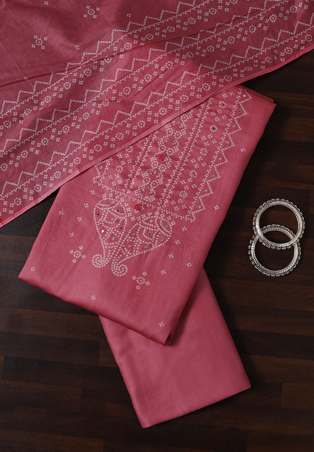 Cotton Unstitched Suit with Bandhani Print & Mirror Work