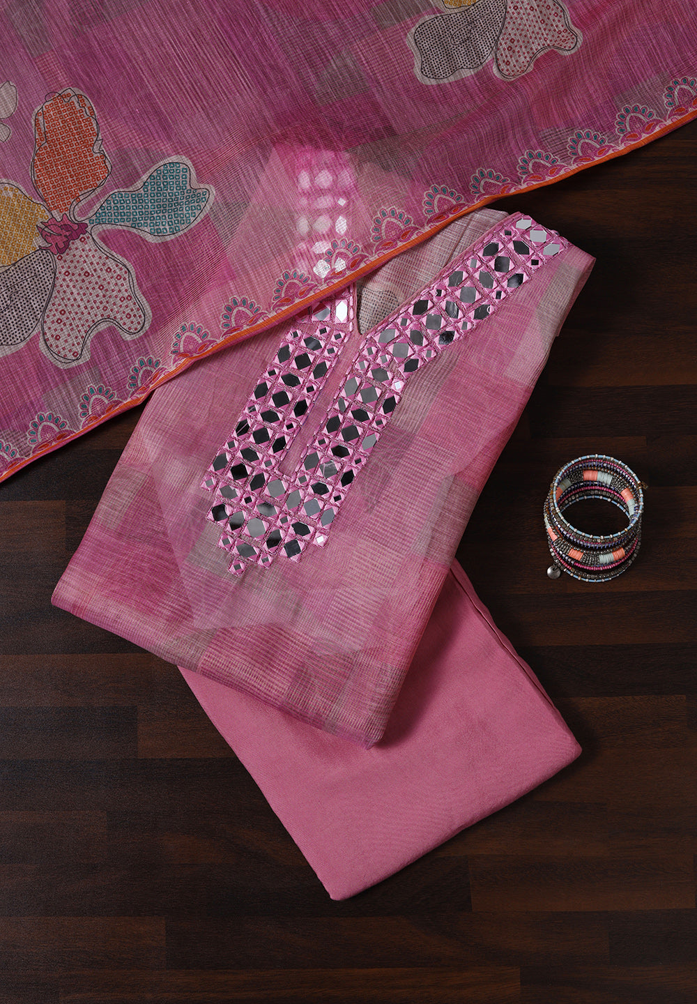 Kota Doria Fabric Unstitched Fabric Suit With Mirror Thread Work