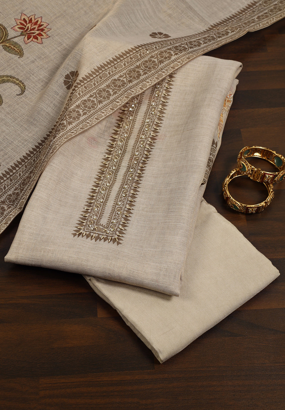 Linen Unstitched Suit With Kasab Pearls Work