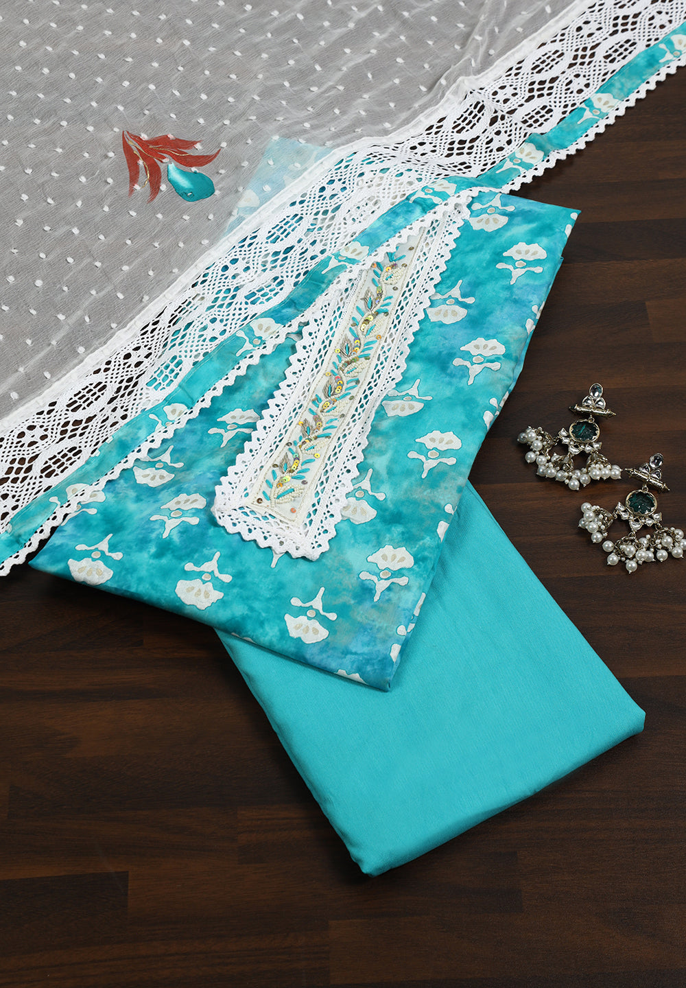 Cotton Unstitched Fabric Suit With Pearls Sequins Work