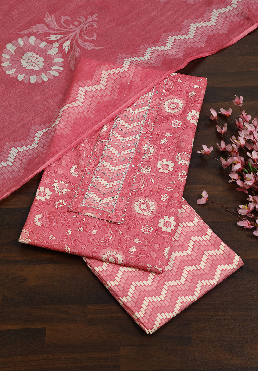 Floral Print Cotton Unstitched Suit with Gota Patti & Sequin Work