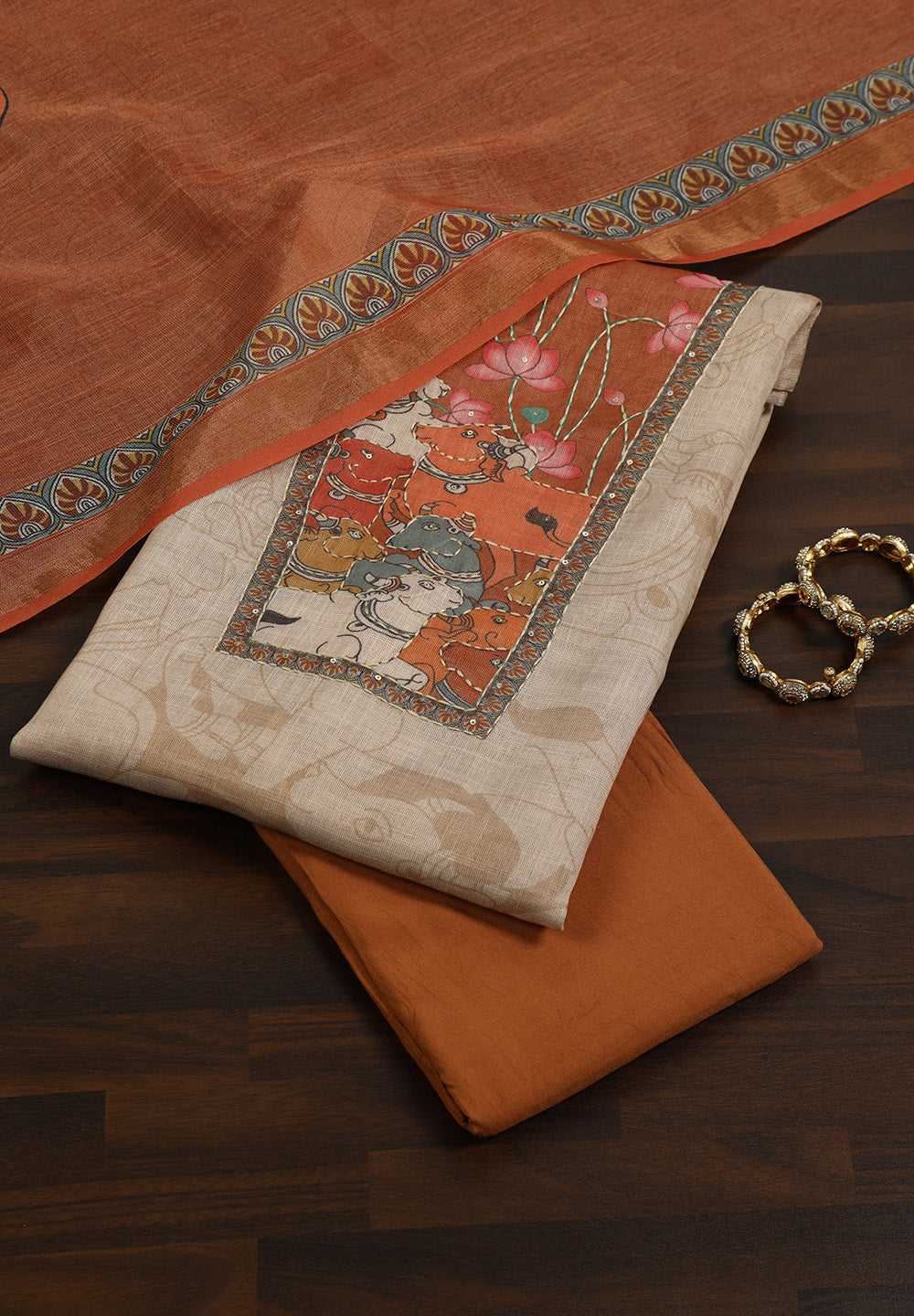 Pichwai Inspired Figure Print Linen Unstitched Suit Set