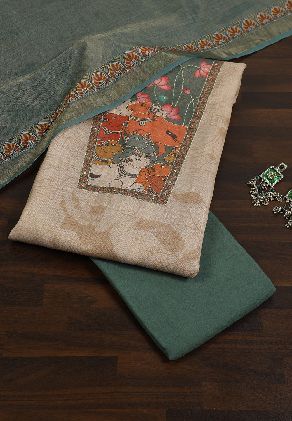 Pichwai Inspired Figure Print Linen Unstitched Suit Set