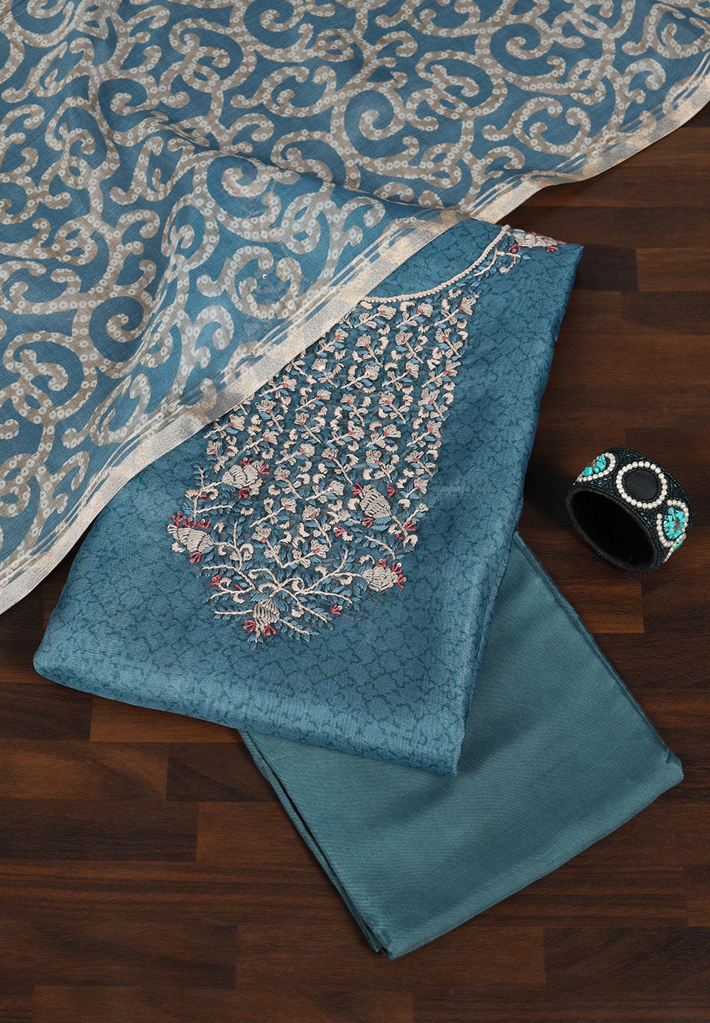 Tussar Unstitched Suit with Thread Work