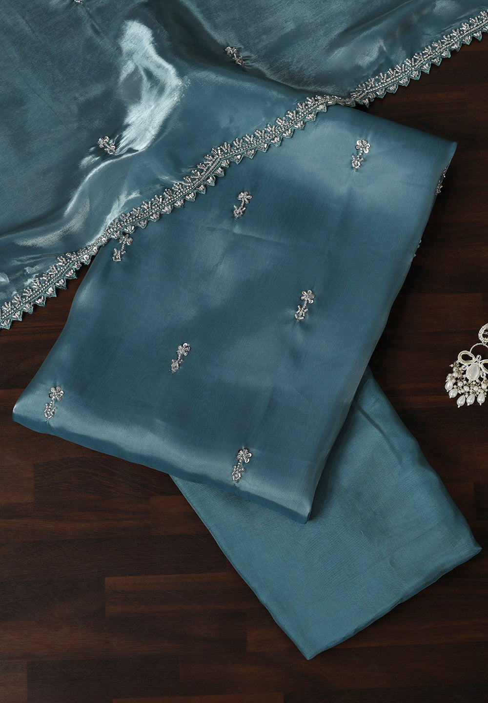 Organza Unstitched Suit with Fine Zakan Work