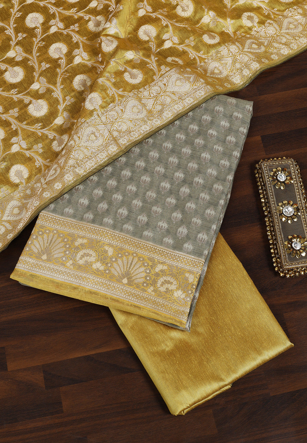 Elegant Fabric Suit with Contrast Border & Intricate Zari Work