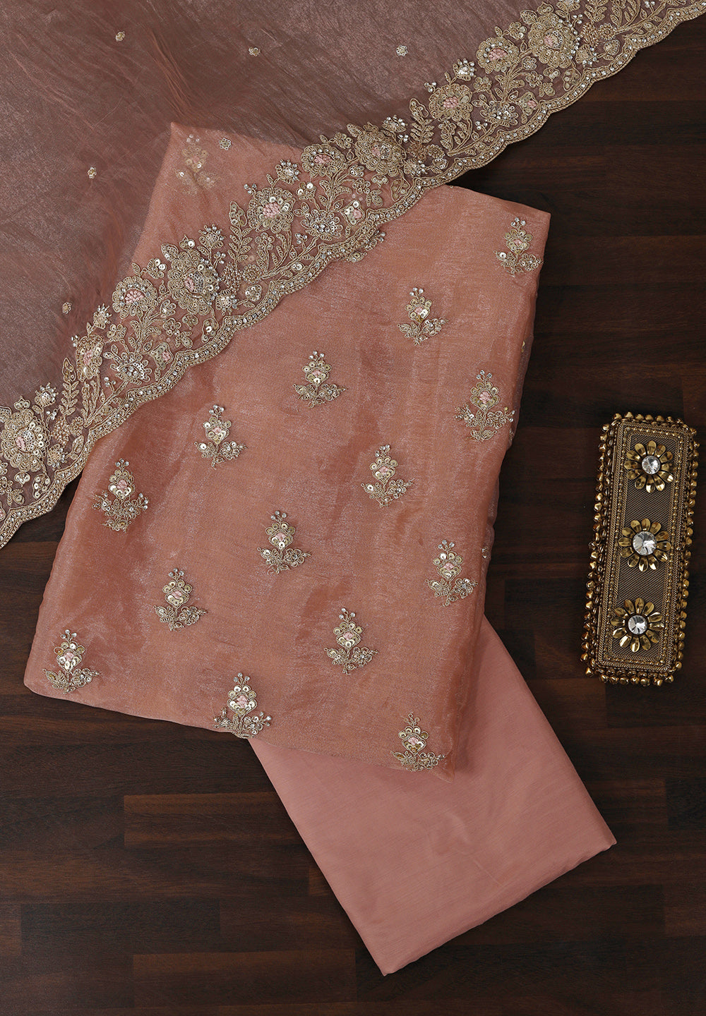 Tissue Suit Adorned with Aari & Pearl Embellishments