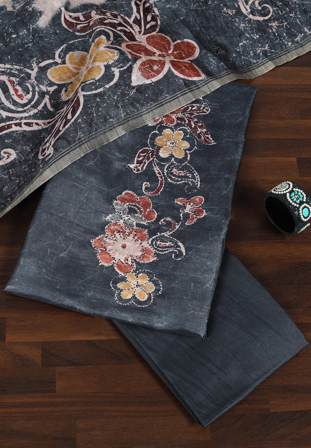 Tussar Unstitched Suit with Sequins Thread Work