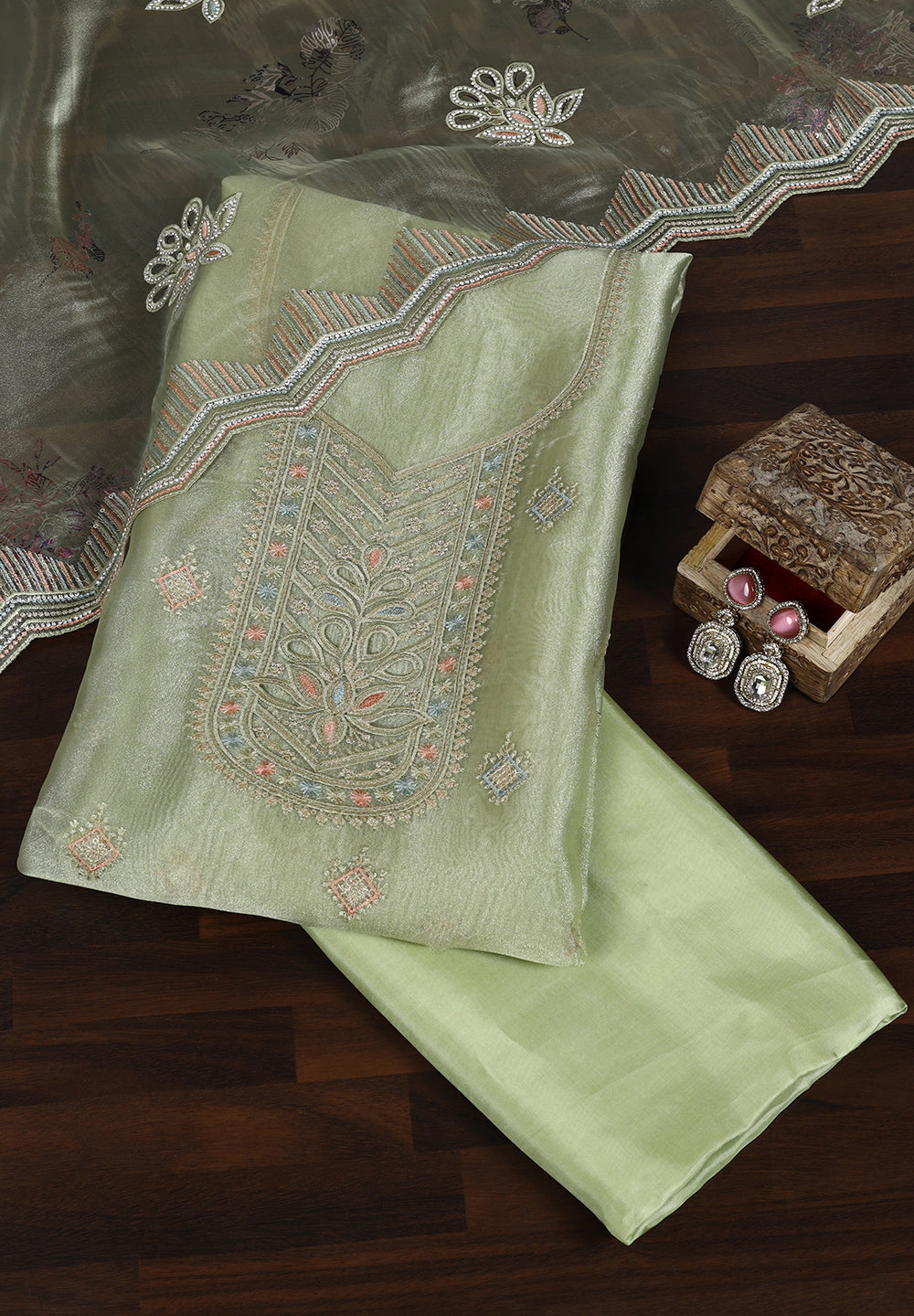 Organza Unstitched Suit with Fine Zakan Work