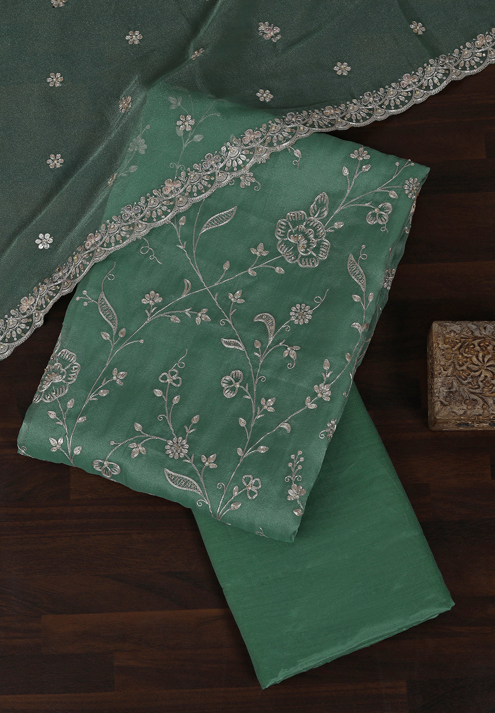 Tissue Suit Adorned with Aari & Pearl Embellishments