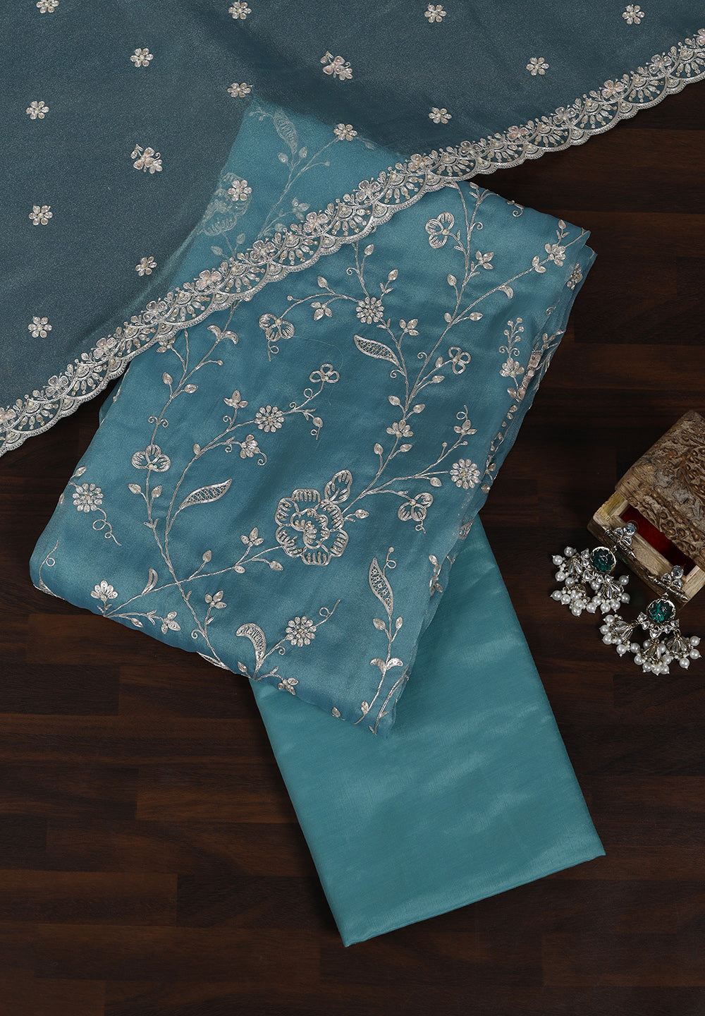 Tissue Suit Adorned with Aari & Pearl Embellishments