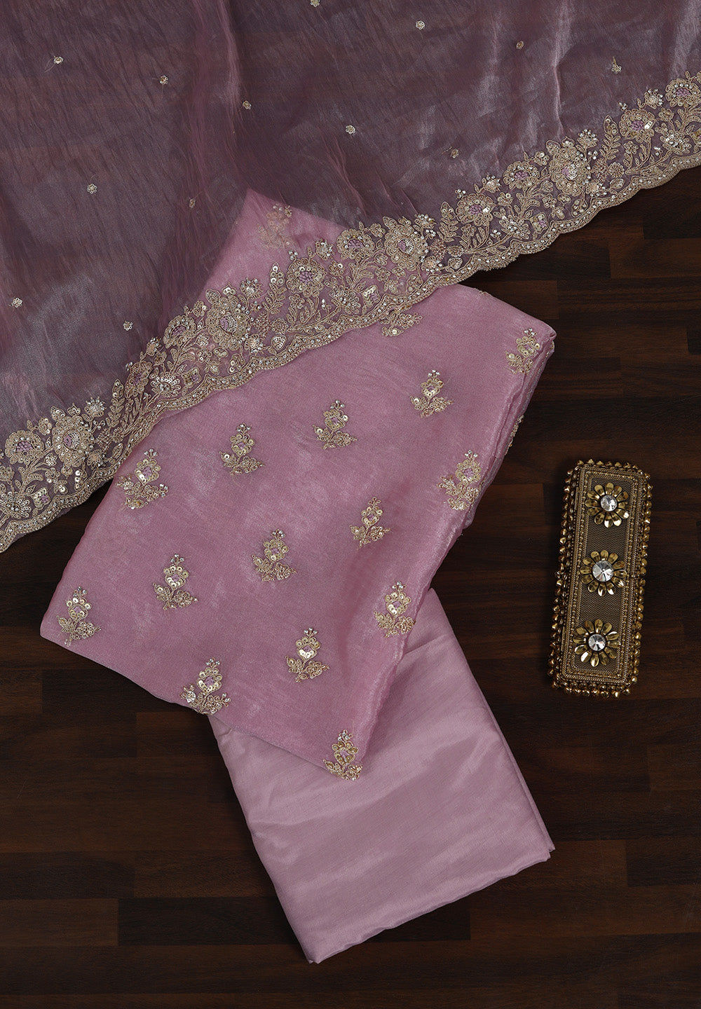 Tissue Suit Adorned with Aari & Pearl Embellishments