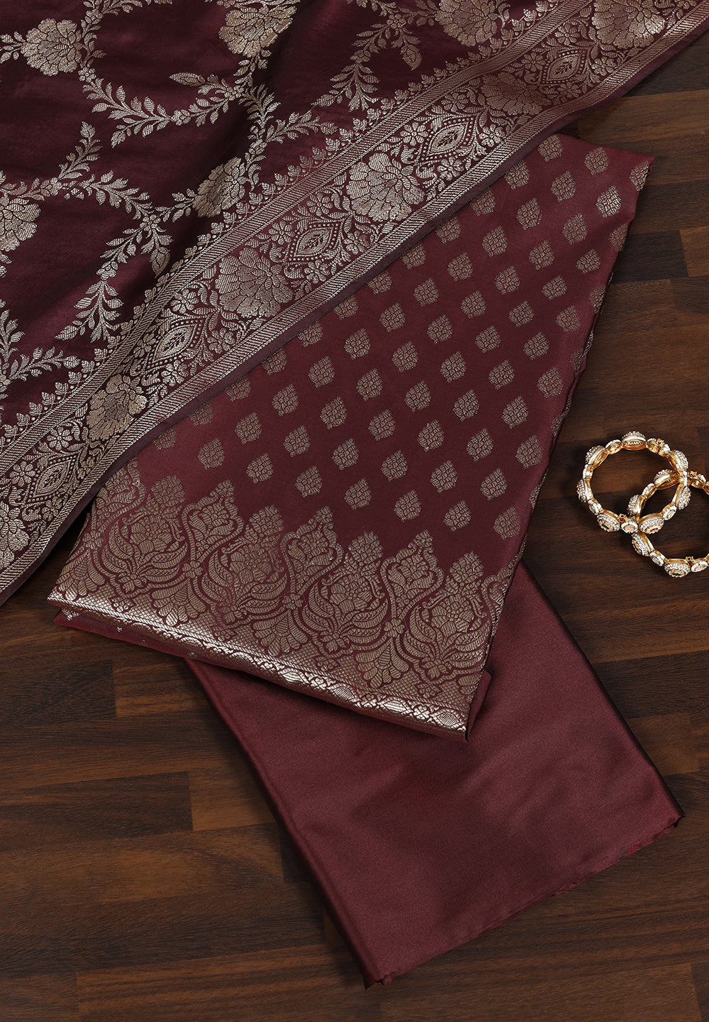 Handcrafted Banarasi Silk Suit with Ornate Floral Zari Motifs