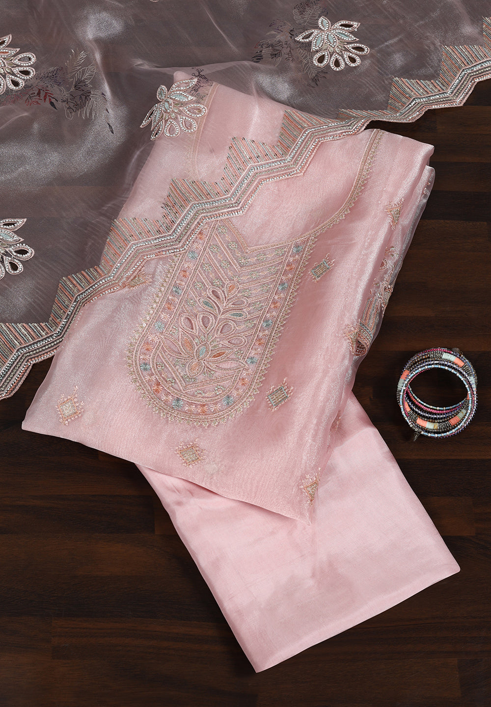 Organza Unstitched Suit with Fine Zakan Work