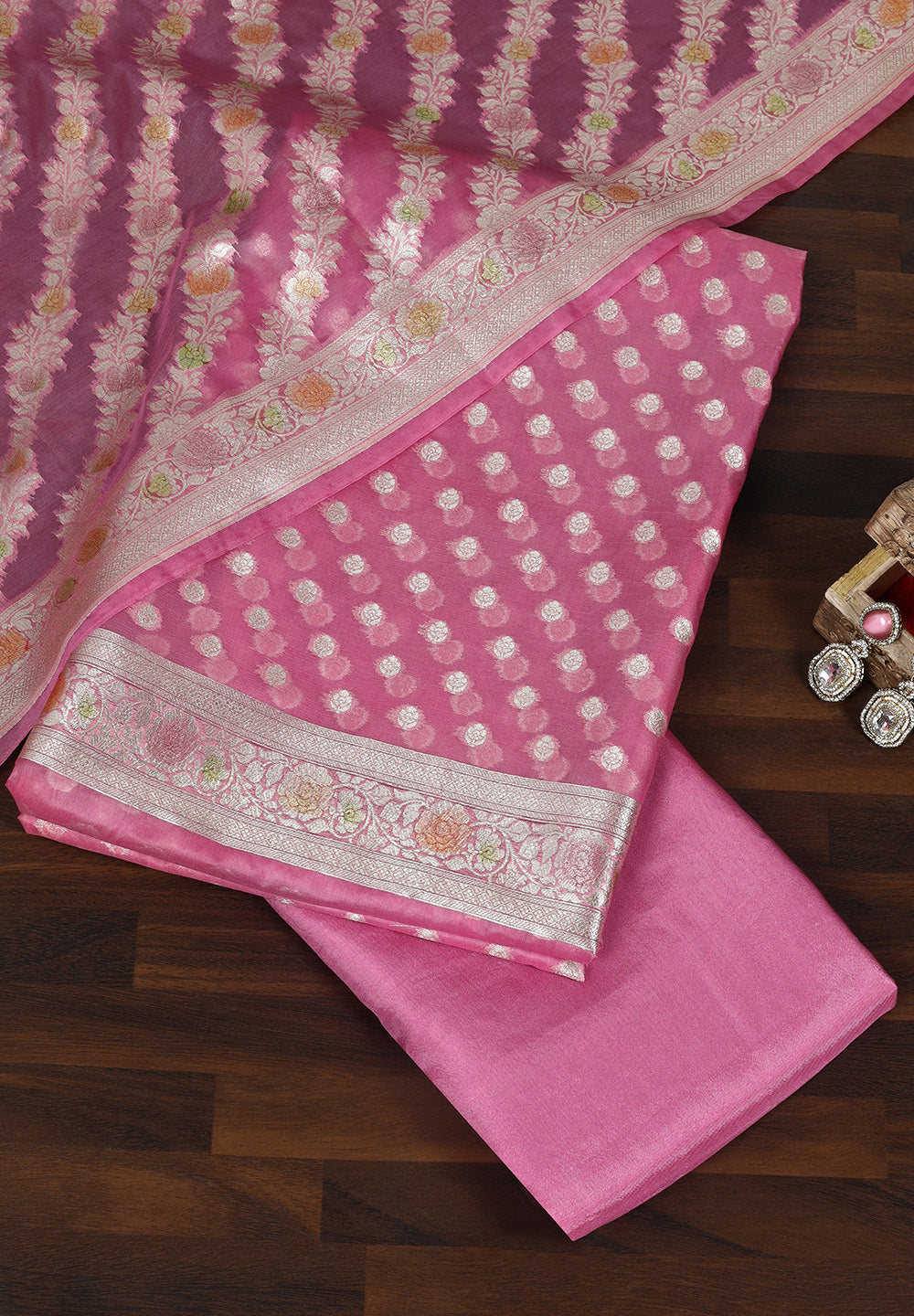 Banarasi Organza Blend Suit with Silver Zari Buti