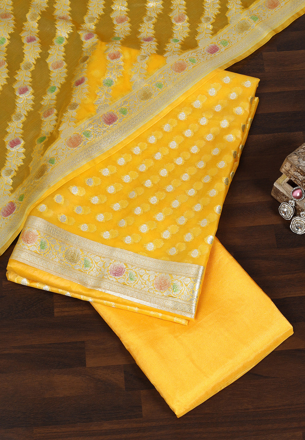 Banarasi Organza Blend Suit with Silver Zari Buti