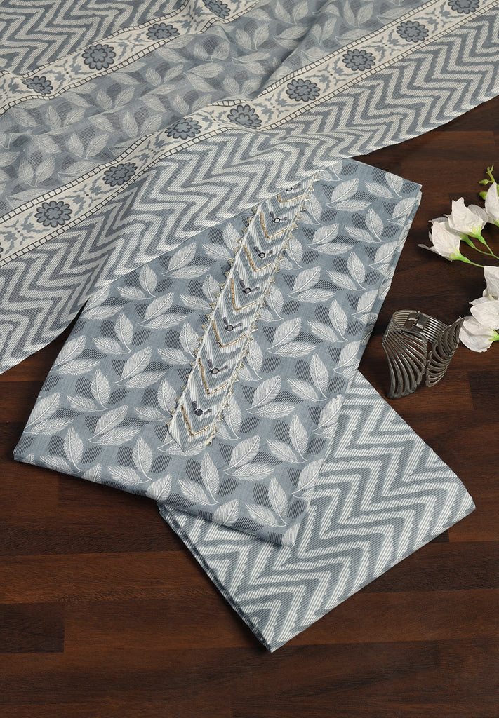"Leaf Print Cotton Suit – Unstitched Grace with Neck Patch Detail"