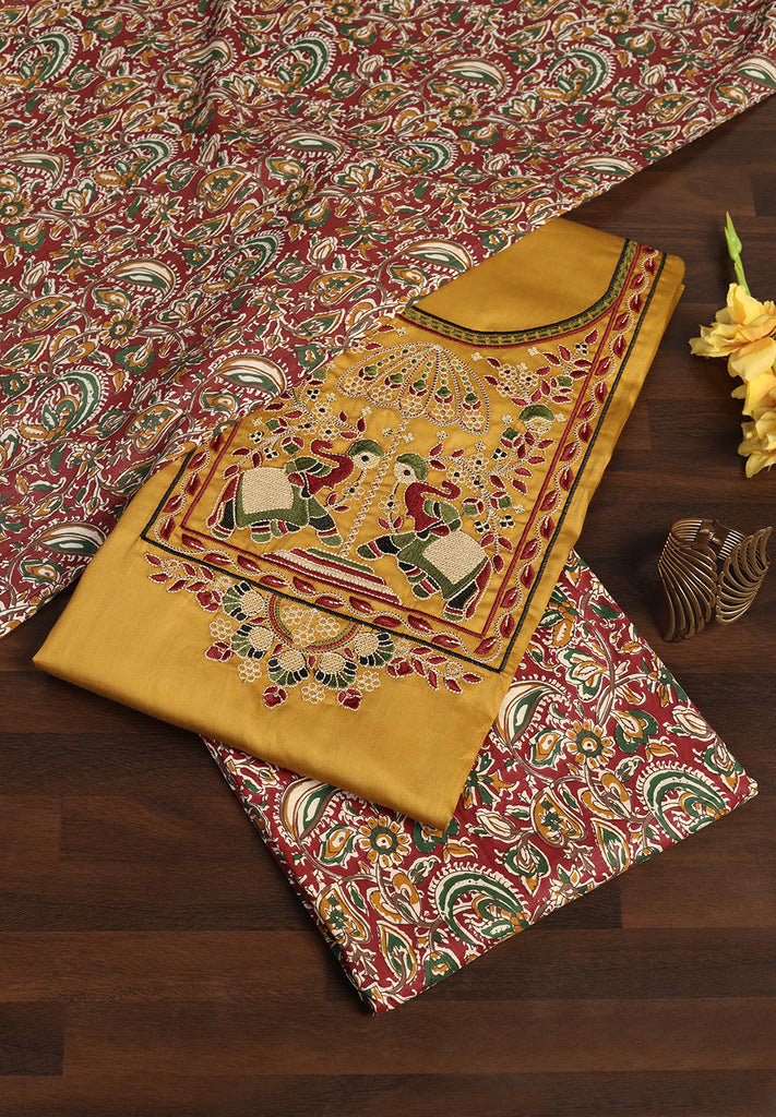 "Elegance in Every Hue: Cotton Unstitched Suit with Multi Resham Thread Work"