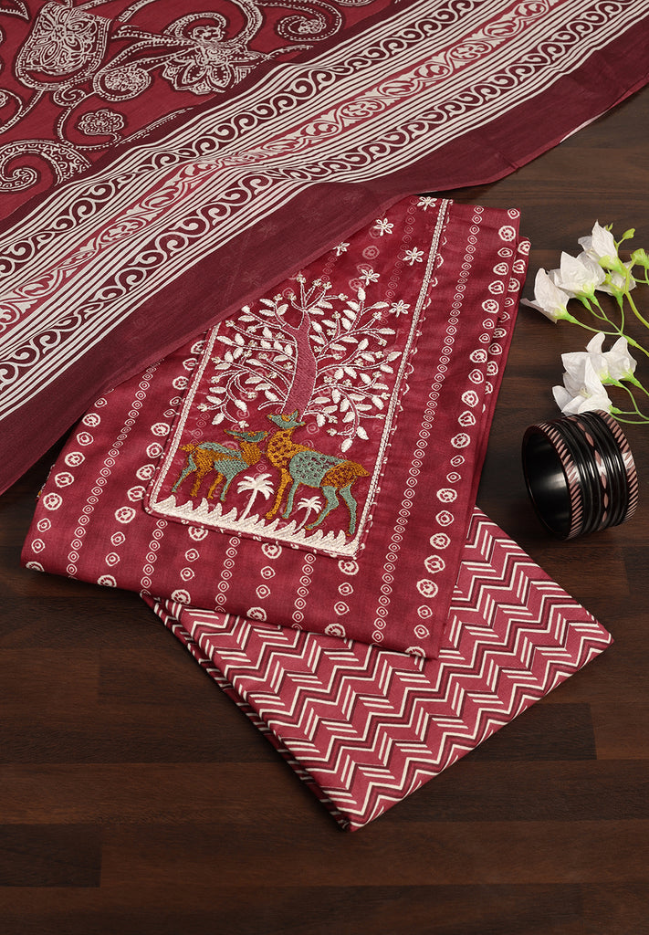 Classic Cotton Unstitched Suit with Stylish Neck Patch Accent
