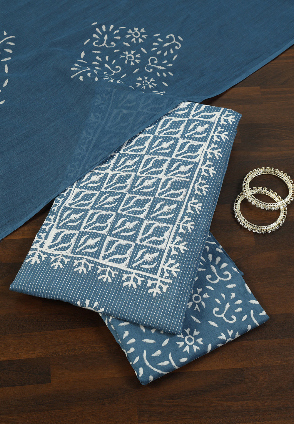 Serene Blue Floral Printed Cotton Unstitched Suit