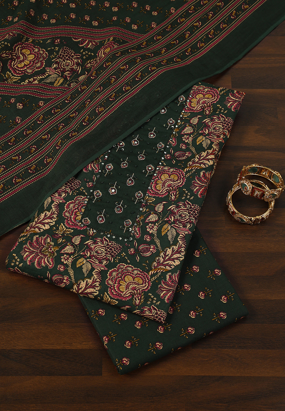 Printed Cotton Unstitched Suit with Mirror & Thread Work