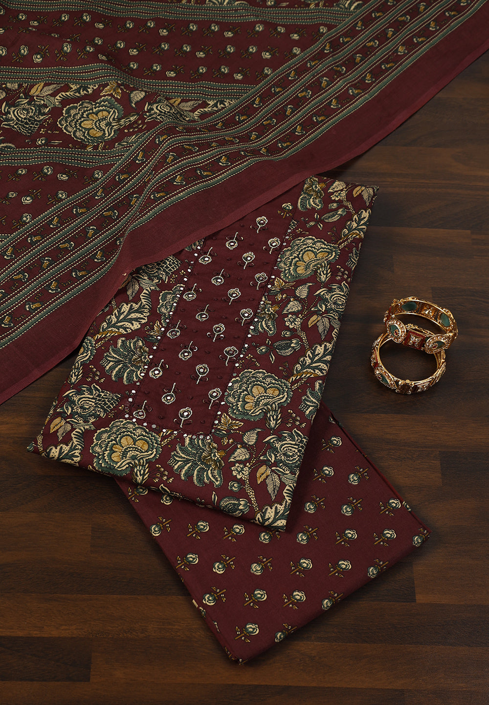 Printed Cotton Unstitched Suit with Mirror & Thread Work