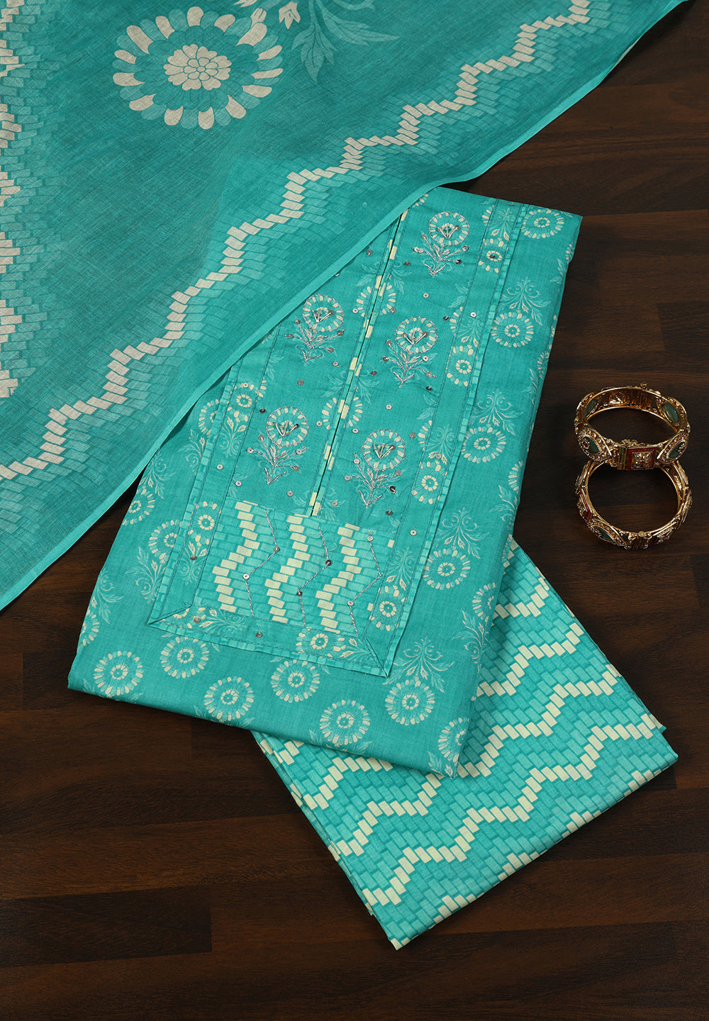 Floral Print Cotton Unstitched Suit with Zari & Sequin Work