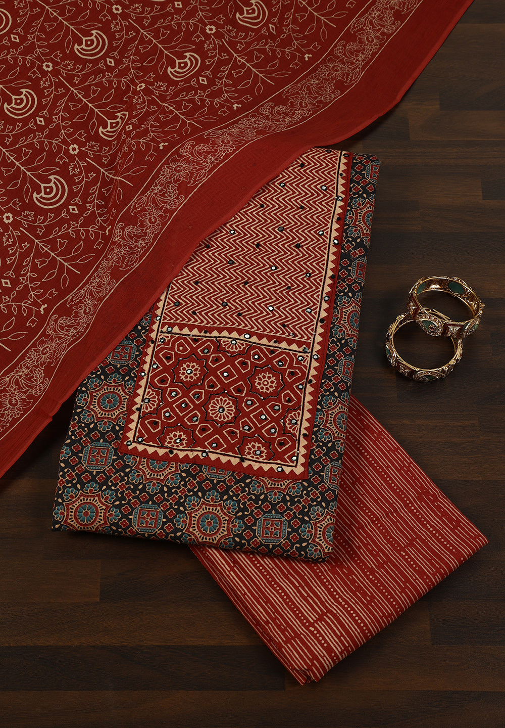 Cotton Fabric Unstitched Suit With Ajrakh Print