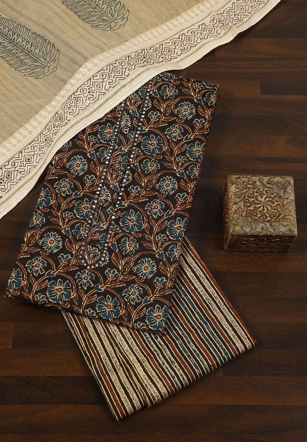 Ethnic Floral Print Cotton Suit Set with Foil Thread Embroidery & Printed Dupatta