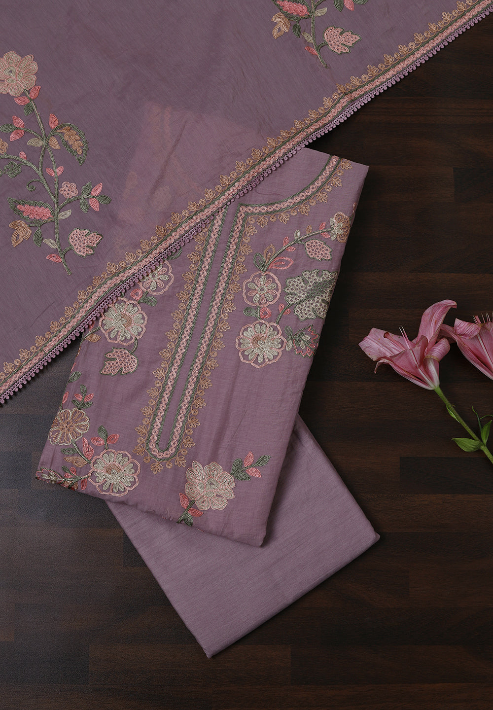 Cotton Unstitched Suit With Multi Resham Thread Work