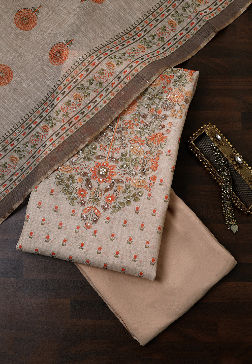 Linen Cotton Unstitched Suit With Sequins Note Work