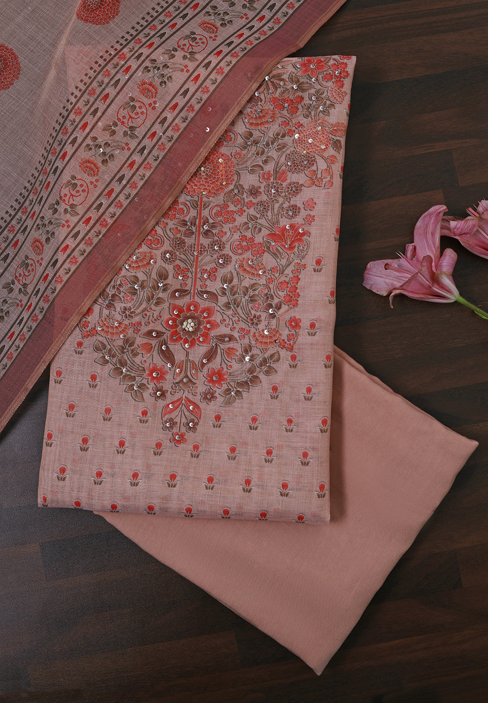 Linen Cotton Unstitched Suit With Sequins Note Work