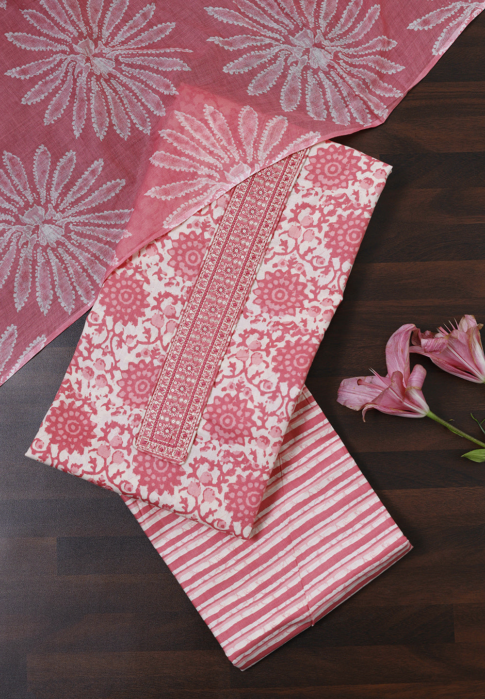 Printed Cotton Unstitched Suit with Stylish Neck Patch