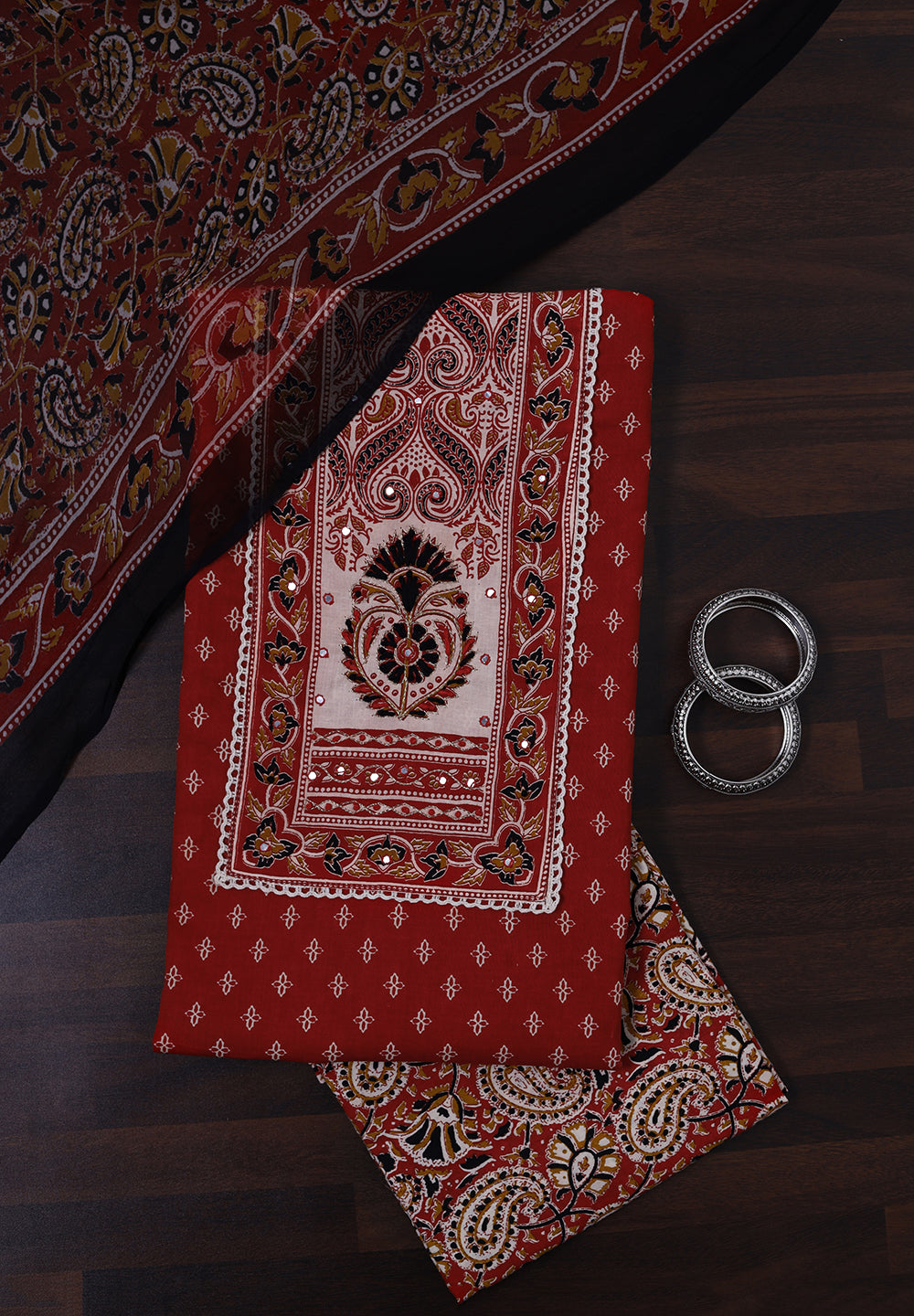 Unstitched Suit with Intricate Thread Neck Patch & Printed Chiffon Dupatta