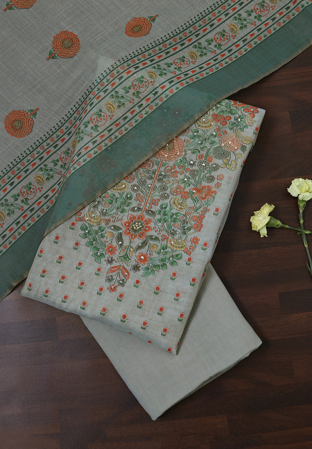 Linen Cotton Unstitched Suit With Sequins Note Work