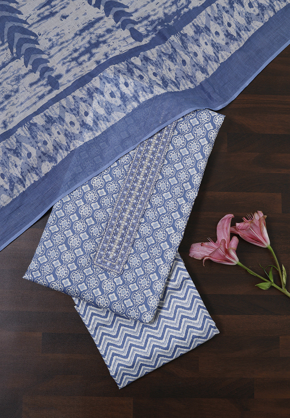 Printed Cotton Unstitched Suit with Stylish Neck Patch