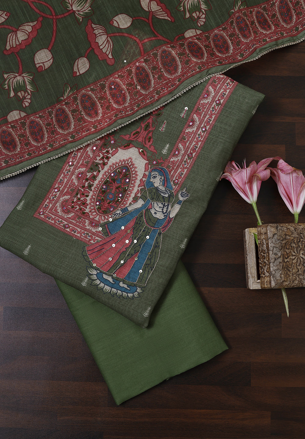 Linen Cotton Unstitched Suit with Hand-Worked Sequins Kasab Yoke