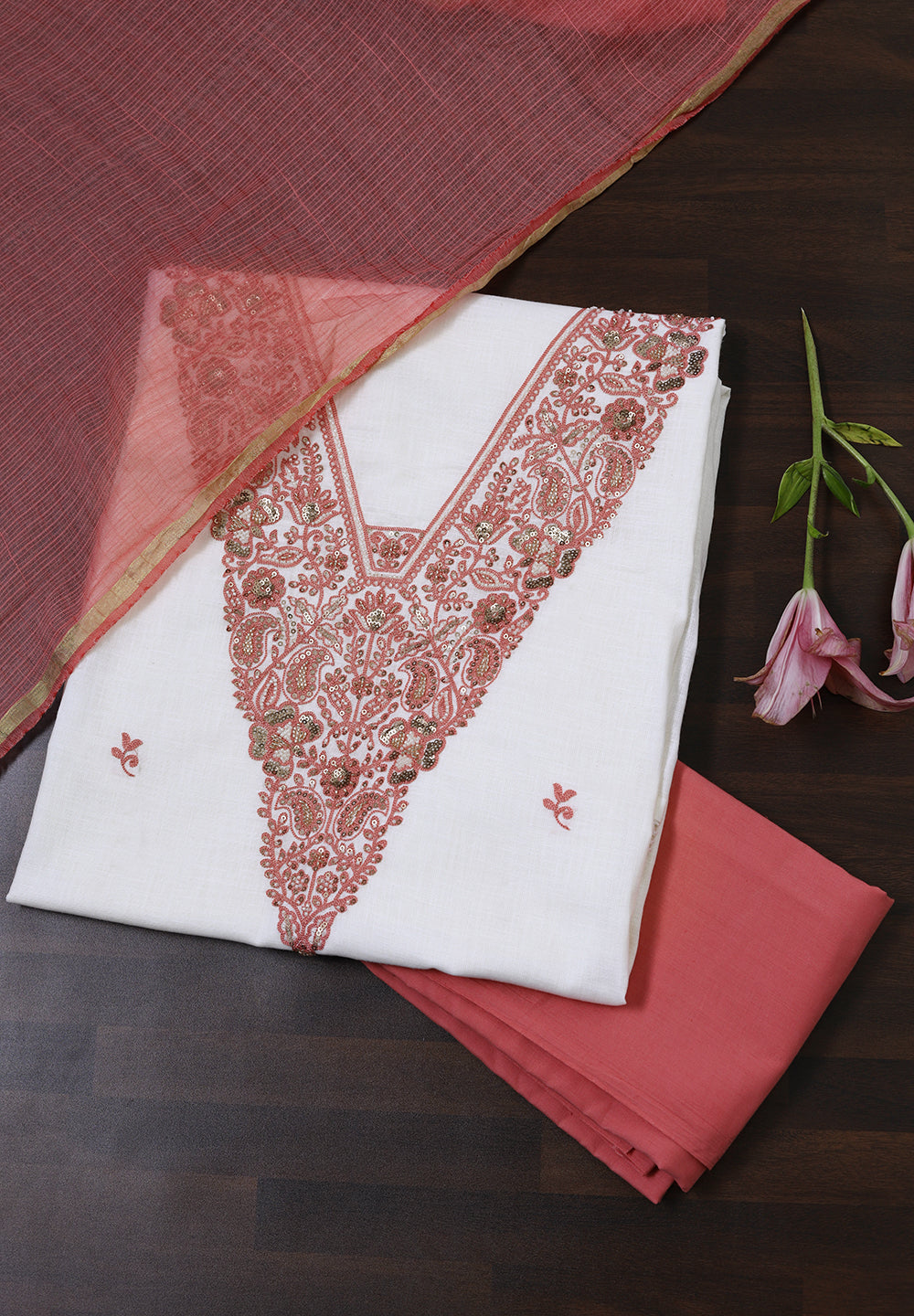 White Linen Cotton Unstitched Suit with Hand Embroidery